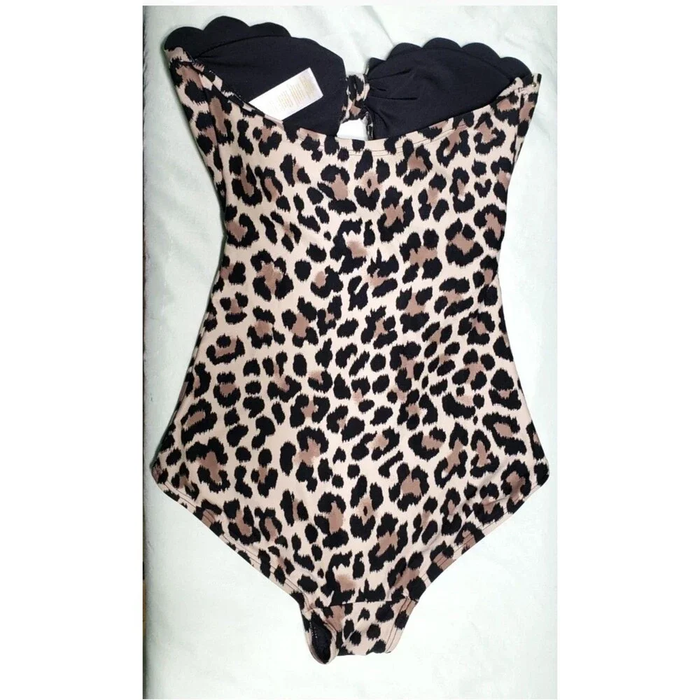 Kate Spade Woman's One Piece Swimsuit Bandeau Scallops Cut Out Leapard Print XS